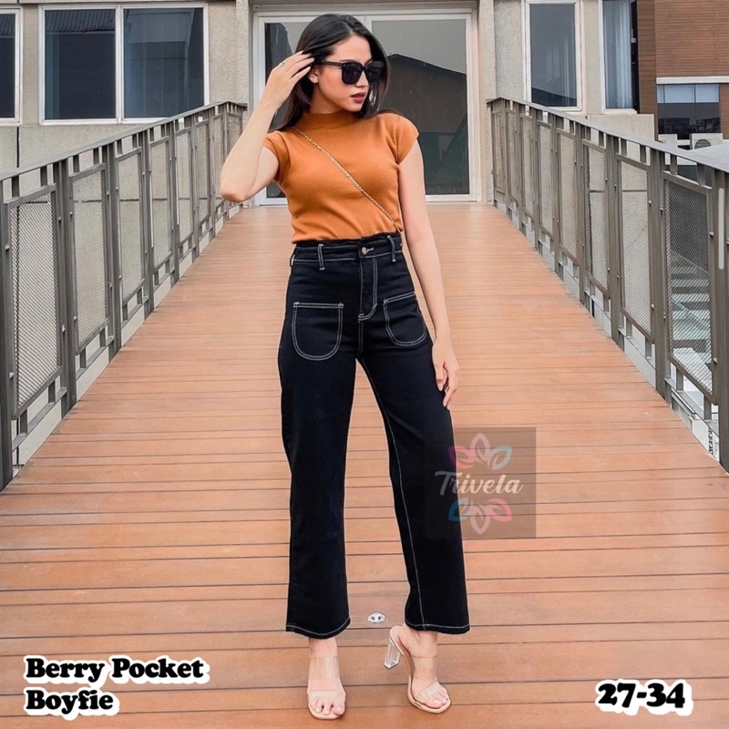 Berry Pocket Boyfie Hitam / Boyfriend Jeans Wanita