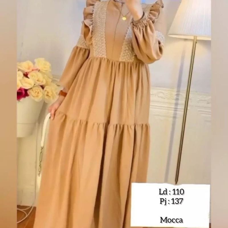 Fashion Wanita Gamis Crinkle Olivia Dress Baju Gamis Remaja Aplikasi Renda Lengan Balon Baju Wanita Kekinian