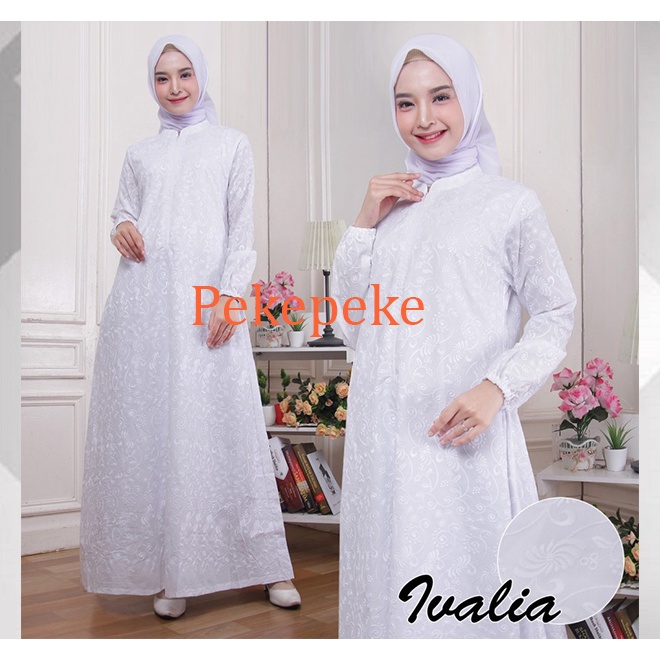 Baju Gamis Wanita Elegan Bahan Katun Bordir Premium Warna Putih Dan Hitam, Gamis Haji Umroh Ivalia D