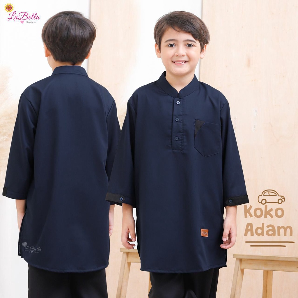 Baju Koko Anak Bermerk Labella Koko Adam Navy Biru Dongker 3 - 13 Tahun Set Celana