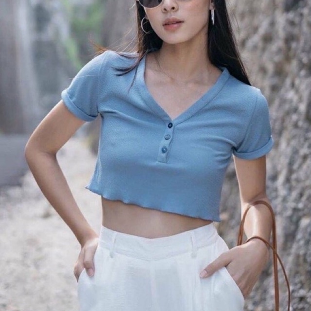 [Noona Butik] Basic Crop Top - Atasan casual wanita kaos crop kancing