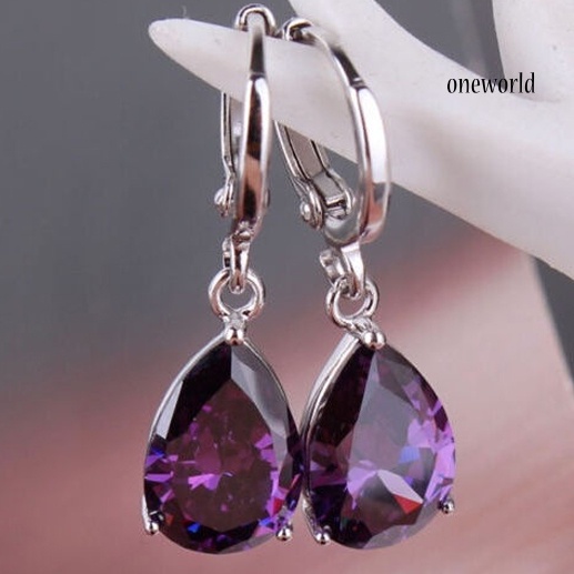 OW@ Elegant Women's Purple Rhinestone Water Drops Leverback Dangle Earrings Gift