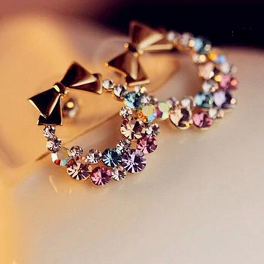 OW@ Women Multicolor Rhinestone Inlaid Bowknot Decor Stud Earrings Jewelry Gift