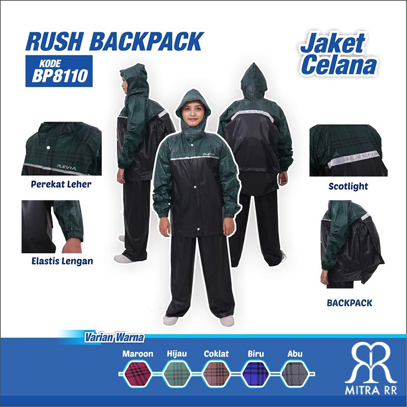 Jas Hujan Plevia Jaket Celana Backpack 8110 Pria Wanita / Jas Hujan Backpack Motif Kotak Dewasa