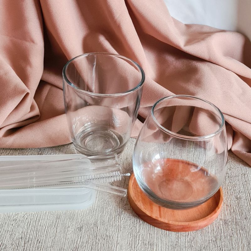 [Home Cafe Set] Gelas Kopi Aesthetic Gelas Korea Sedotan Kaca Coaster Kayu Tatakan Kayu  Straw Set