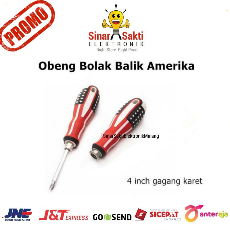 Obeng Amerika Bolak Balik 4 Inch Gagang Karet Plus Minus Ujung Magnet Murah Malang