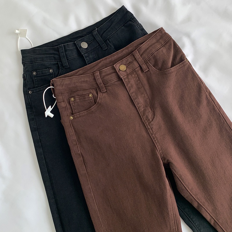 Coklat/Hitam skinny high waist cutbray celana jeans panjang wanita