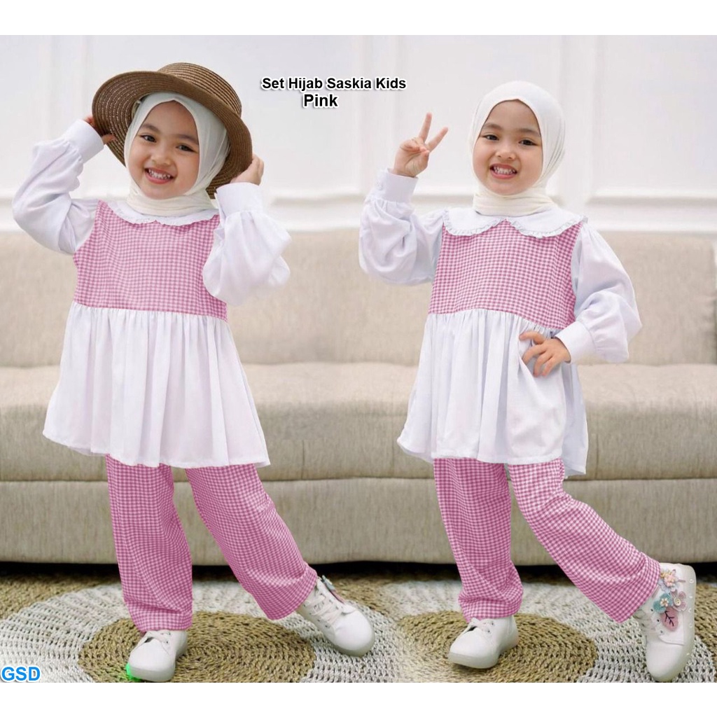 Set Hijab Saskia Kids/Setelan muslim Anak/Gamis+Bergo instan/Baju Muslim Anak Motif Kotak - Kotak murah