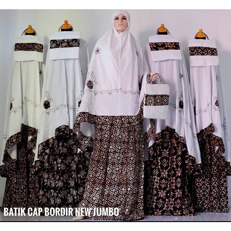 Grosir Mukena Dewasa Batik Cap Bordir Sogan Putih Jumbo - Sajadah Batik Jogja