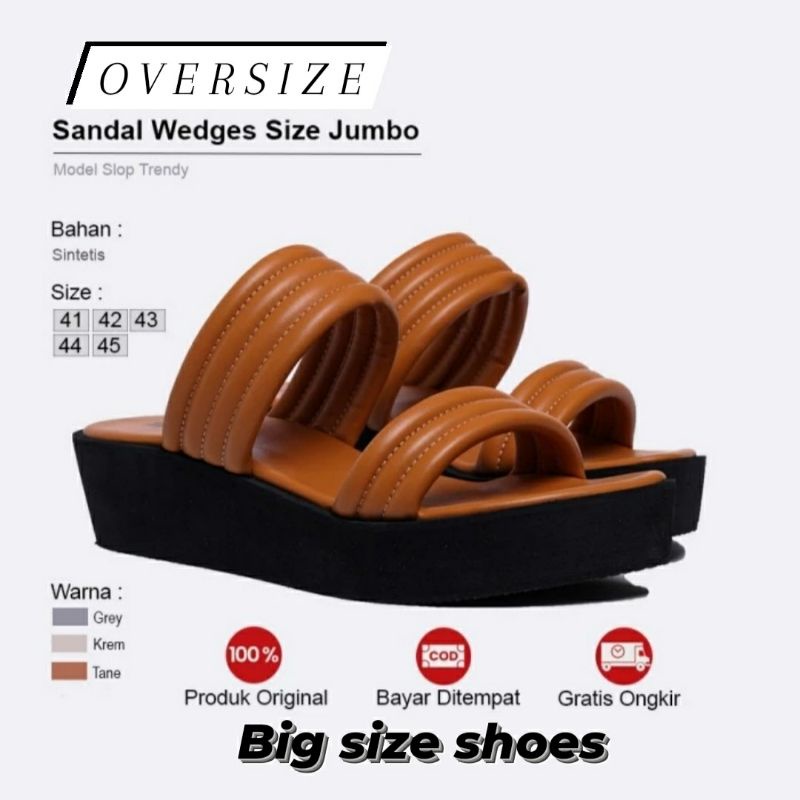 Wedges BIG SiZE Woman 41.45 SLOP Suzy Garis Ukuran Besar Kulit Coklat SLOP Oversize Cantik