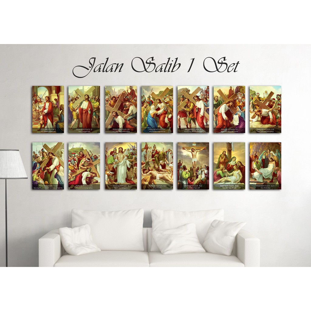 1 SET POSTER KAYU JALAN SALIB PERHENTIAN 1 - 14 WALLDECOR NASRANI JALAN SALIB