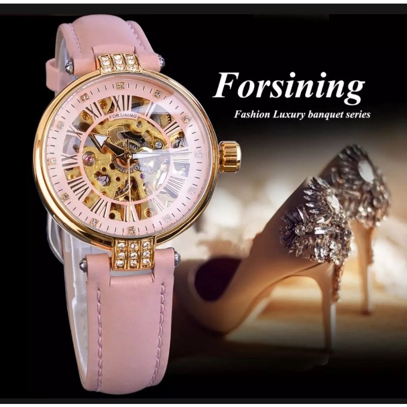 Jam Tangan Wanita Automatic Original Luxury Golden Diamond Series Forsining Strap Kulit