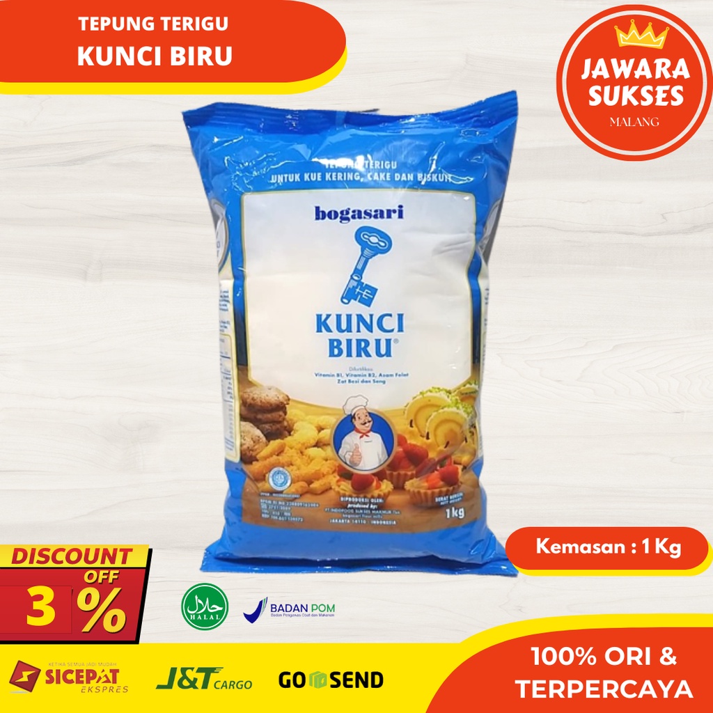 

Tepung Kunci Biru Premium 1 Kg | Tepung protein rendah Bogasari