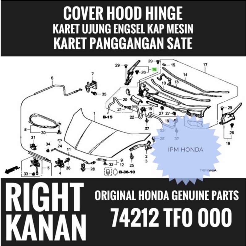 74212 / 74222 TF0 Original Cover Karet cowl top panggangan sate engsel kap mesin Honda Jazz S RS GE8 2009 2010 2011 2012 2013