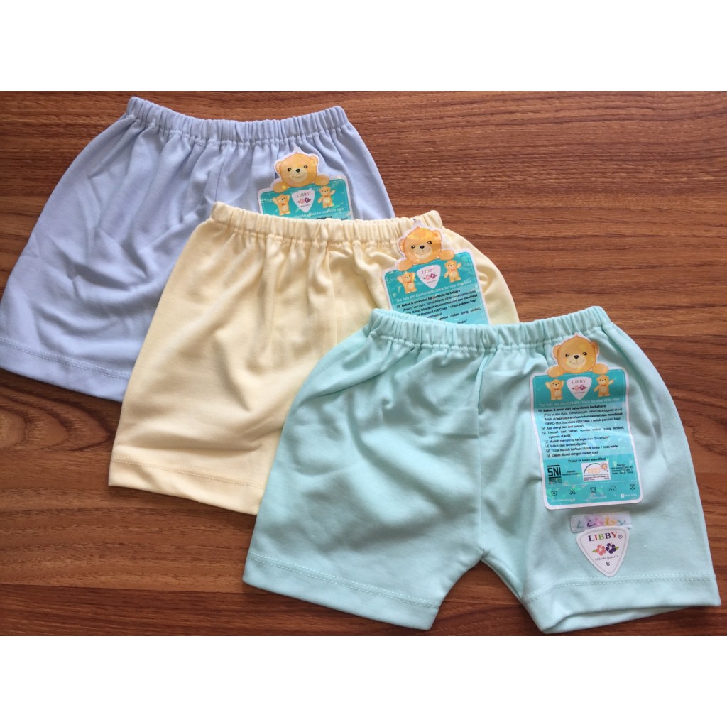 3pcs Celana Pendek POLOS Libby / MIYO Newborn, SML (0,5 - 1,5 tahun) Bahan Lembut CBKS