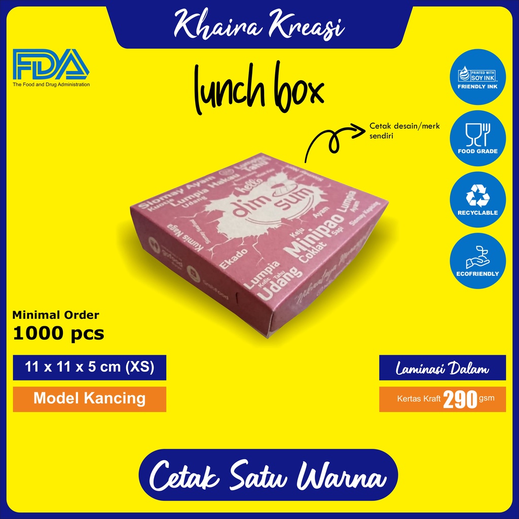 

Cetak Custom Lunch Box / Dus Mie Goreng / Dus Ayam Geprek / Ukuran 11x11x5 cm (XS) Minimal 1000 Pcs / Cetak 1 Warna