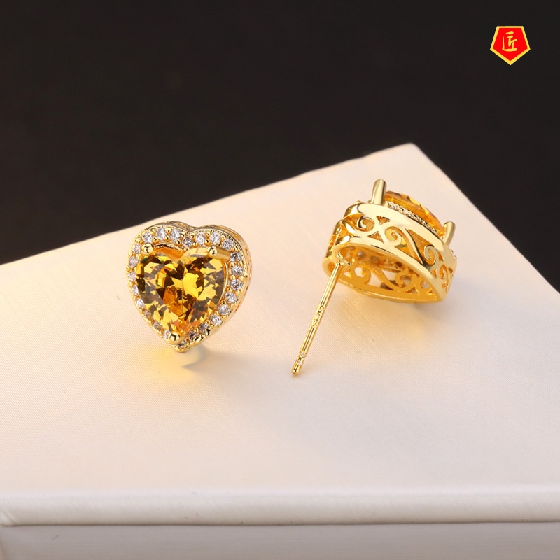 [Ready Stock]New Heart-Shaped Citrine Stud Earrings 18K Gold