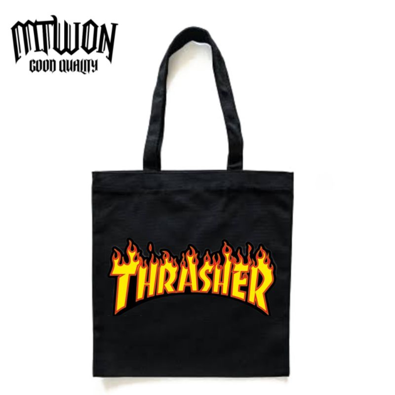 Totebag THRASHER logo tas tote bag resleting pria wanita unisex canvas katun cotton kekinian hitam/b