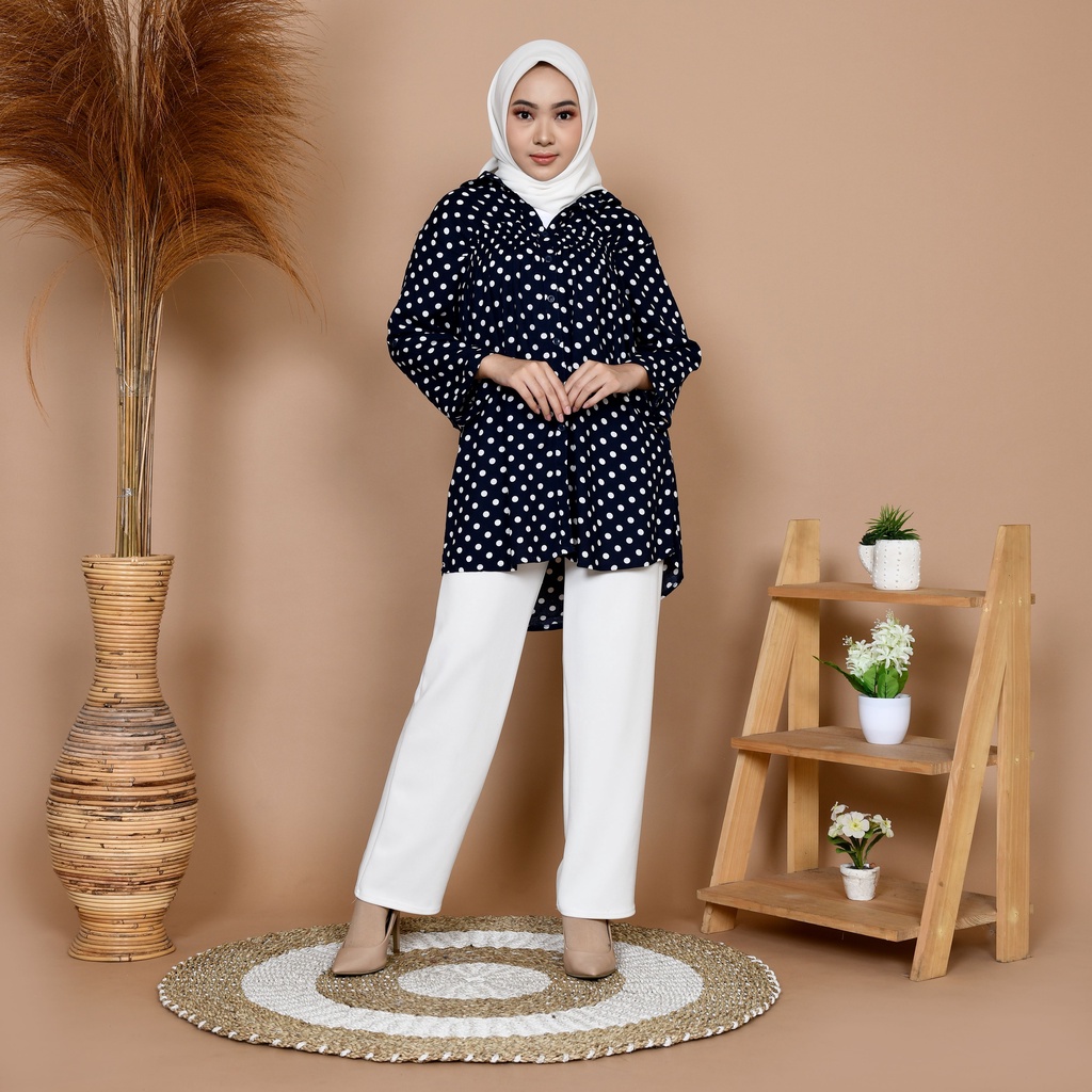 NHM Kemeja Wanita Kerja Santai, Baju Atasan Oversize Motif Polka