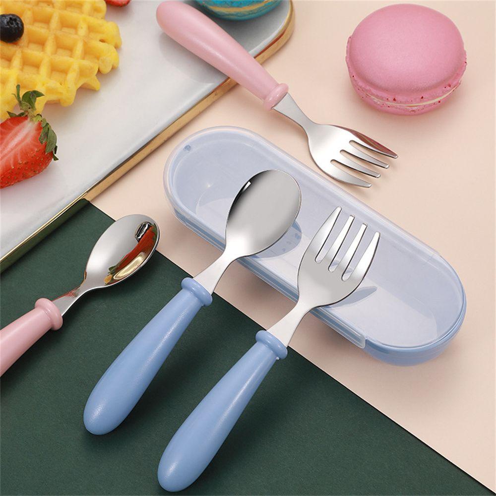 Solighter Set Alat Makan Portable Bayi Dapat Digunakan Kembali Stainless Steel Kartun Alat Makan Sendok Garpu Sendok Set