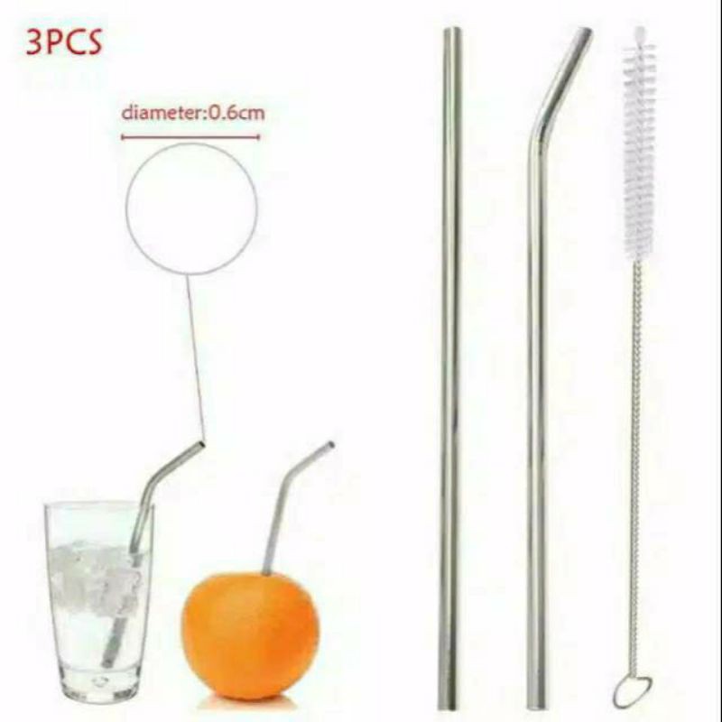 Sedotan stainless dan sikat sedotan / Sedotan stainless Set 3pcs (3in1)