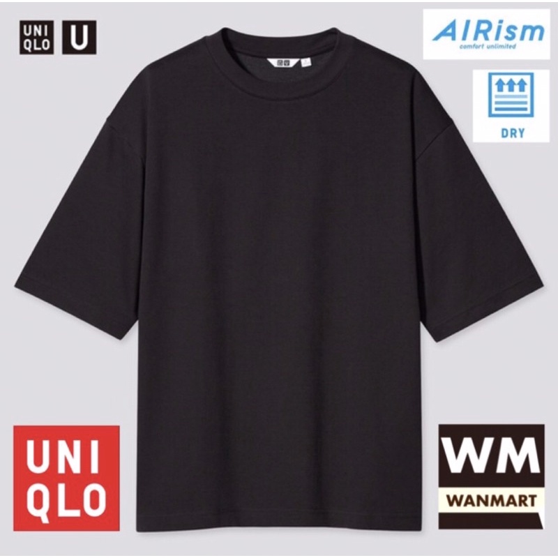 UNIQLO U Men T-Shirt AIRism Kaos Pria Katun Oversized Crew Neck Black