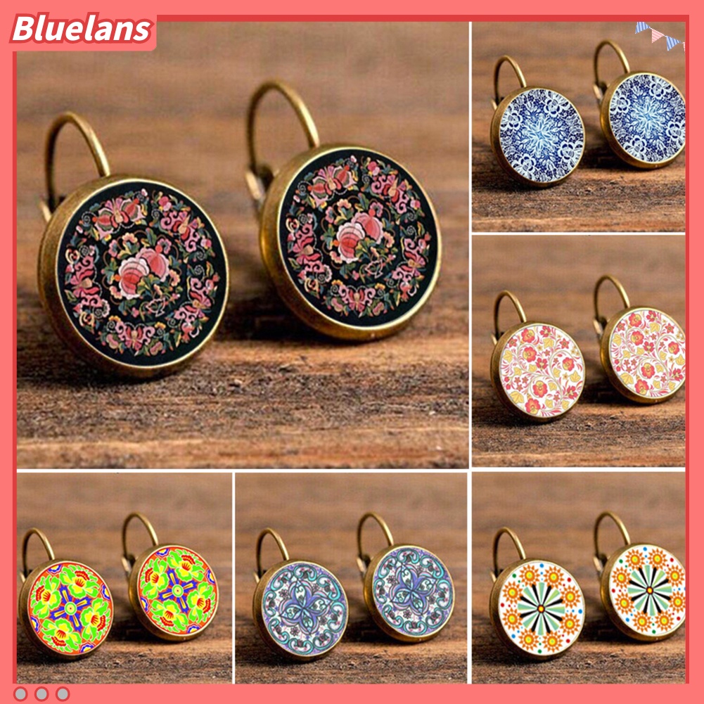 Bluelans Anting Klip Bentuk Bulat Motif Bunga Mandala Gaya Retro Untuk Wanita