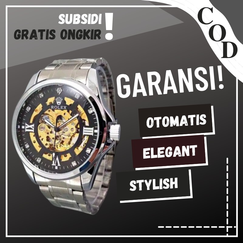 Jam Tangan Pria Cowok Rolex Automatic Transparan Rantai Silver Sport Pria Analog Murah Anti Air Y39