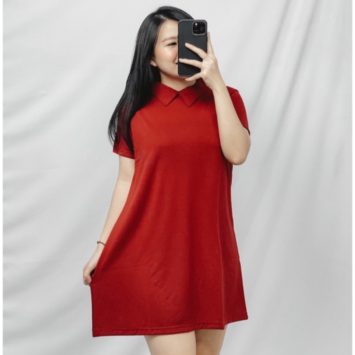 HOPYLOVY - Dress Wanita Kerah Polos bahan Soft Spandek Dress Miyuki