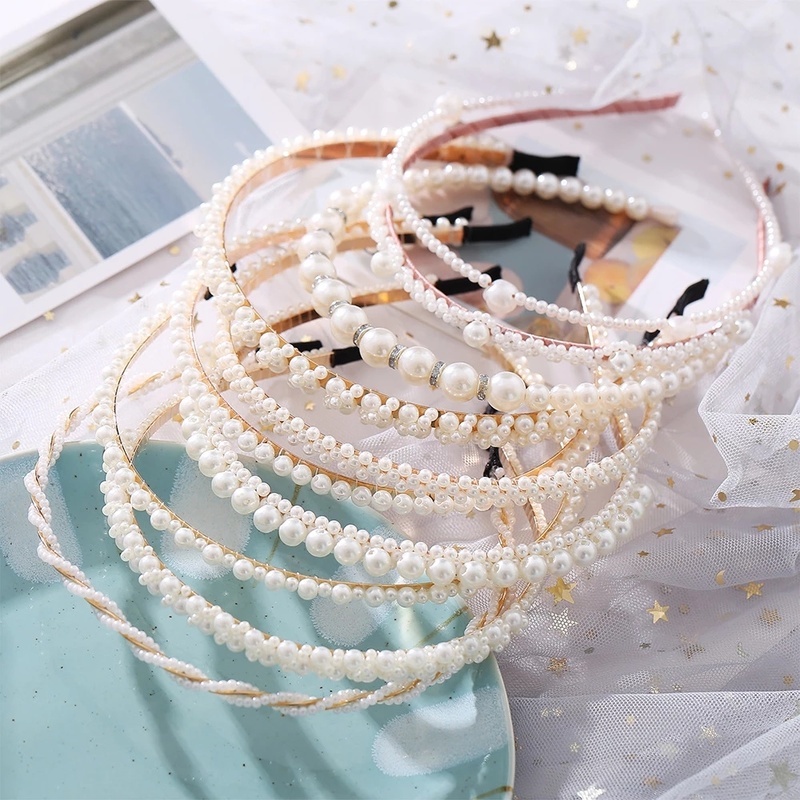 Women Korean INS Style Pearl Headbands / Girls Elegant Golden Metal Bridal Elastic Hair Hoop / Ladies Face Washing Makeup Headwear / Bath Hairbands / Ladies Daily Hair Accessories