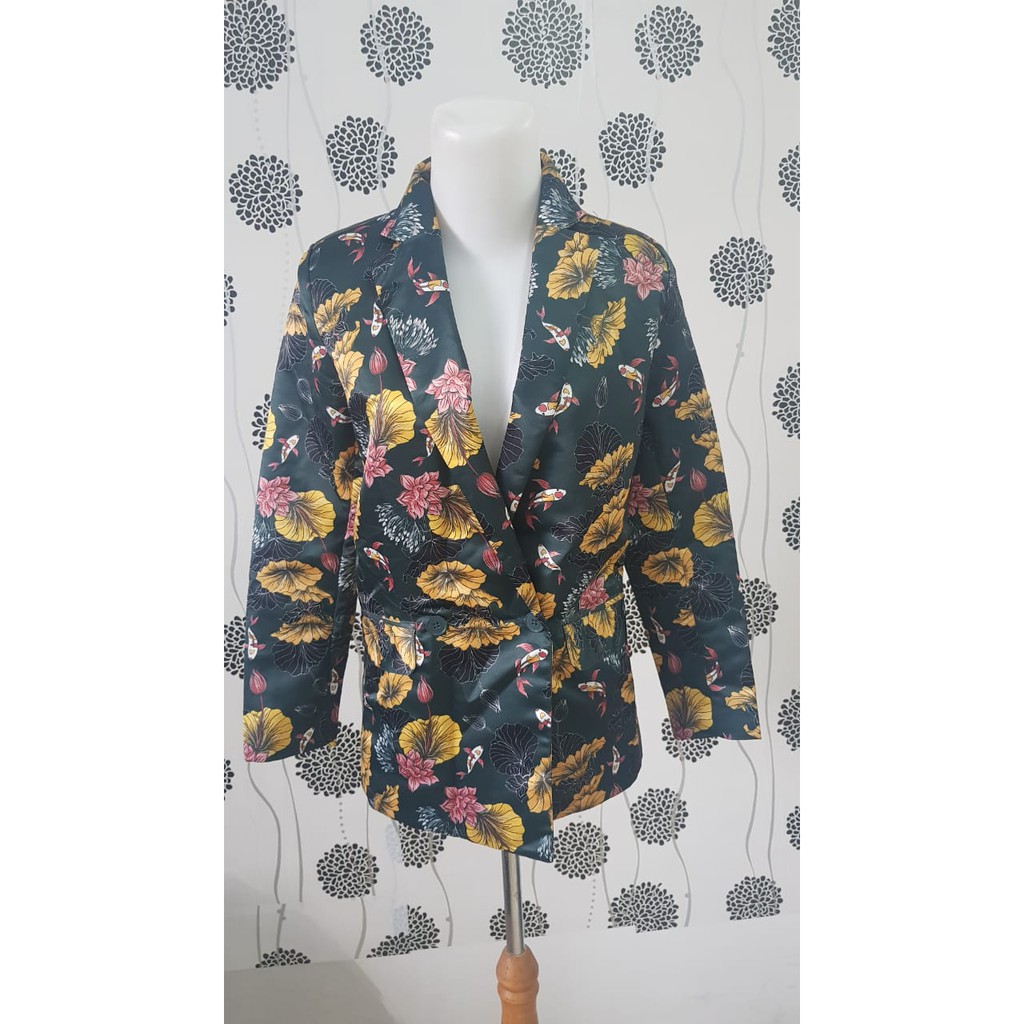 Blazer Wanita Calla Atelier Hijau Emerald Motif Bunga Lengan Panjang Preloved