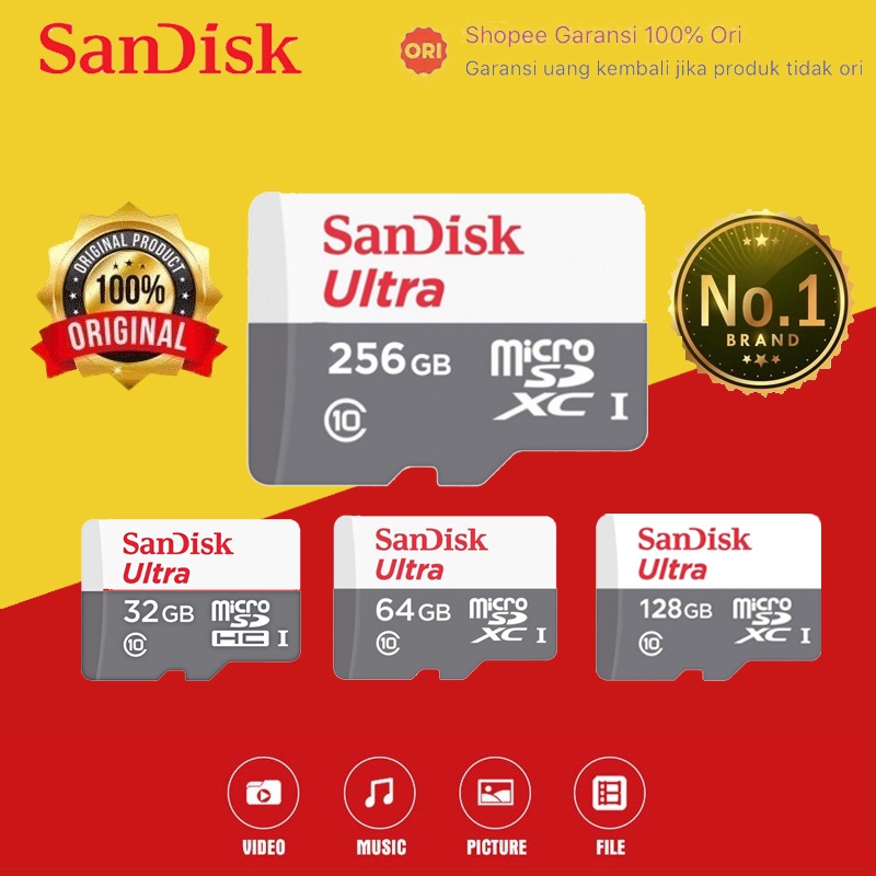 sandisk memory card hp 32gb 64gb 128gb 256gb ultra class10 kartu memori 80mbps micro sd white