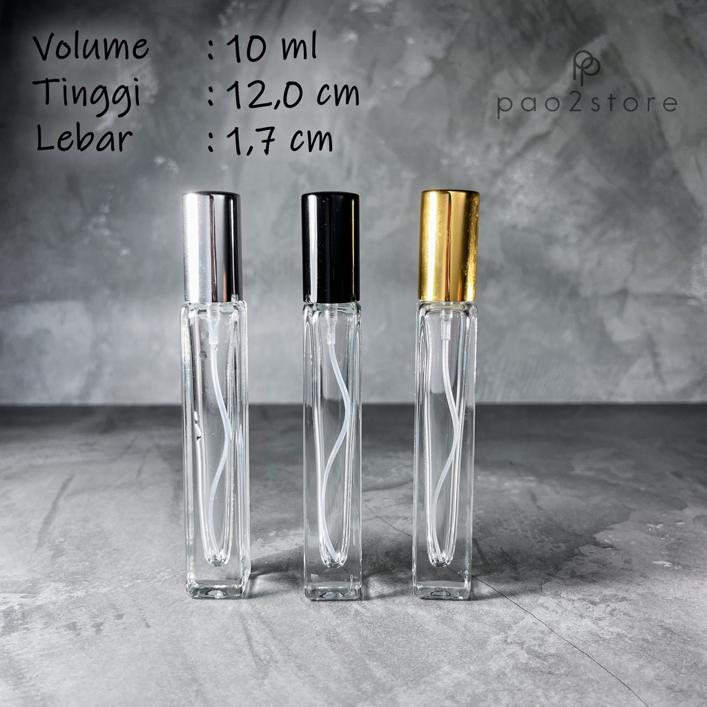 Botol Spray 10ml Kaca TEBAL Model KOTAK Panjang / Tinggi - Spray Metal - Parfum Refillable Travel Size Decant