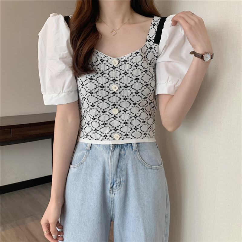 Blus Crop Top Rajut Slim Square Neck Lengan Puff Panjang Untuk Wanita