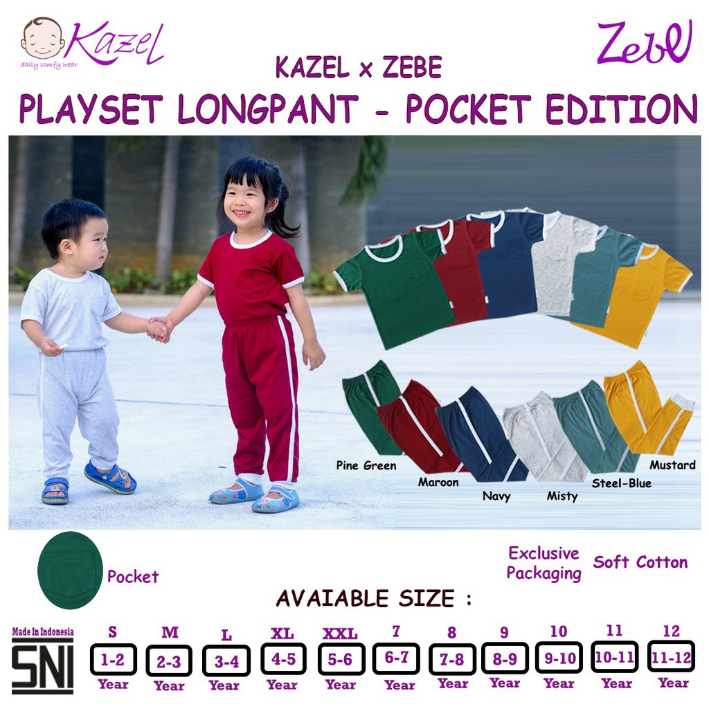 1stel Kazel Zebe Playset Longpants Pocket Big Size 7 8 9 10 11 12 - Pocket Unisex Edition 7-12tahun  / Setelan Pendek Panjang Anak