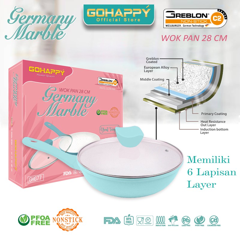 PANCI WOK GLOW PAN Germany Marble 28 cm Gohappy pastel warna pink tosca color GH-G77