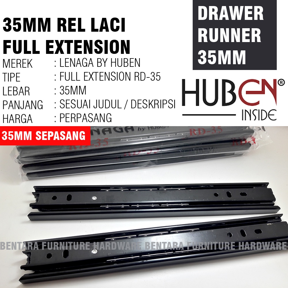 (1 PASANG) 40 CM LENAGA HUBEN RD-35 400MM / Rel Laci (Hitam) Ball Bearing Full Extension Double Track