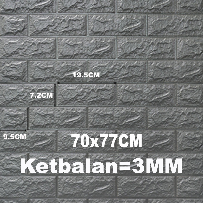 (KaLaTO) Wallpaper Dingding 3D Foam Motif Batu Bata 70 x 77 CM Dekorasi Dinding Kamar Murah Wallpaper 3D Foam-Abu 3mm