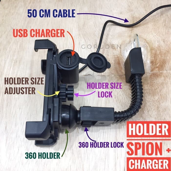 Rinmarket HOLDER HP BRACKET SEPEDA MOTOR SPION USB CHARGER LISTRIK UNIVERSAL