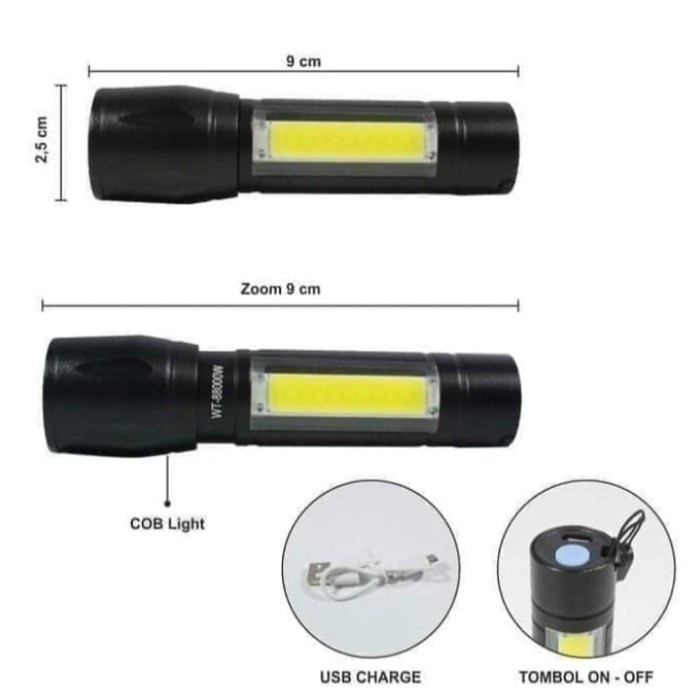 Senter Mini Saku Rechargeable Dual LED Cree Q5 + COB Pocketman outdoor