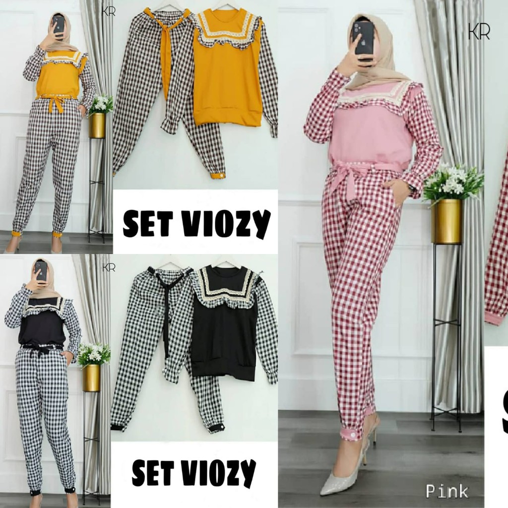 ADA VIDEO REAL  BMM PAKAIAN SETELAN CELANA WANITA DEWASA MUSLIM SET VIOZY KOTAK KR