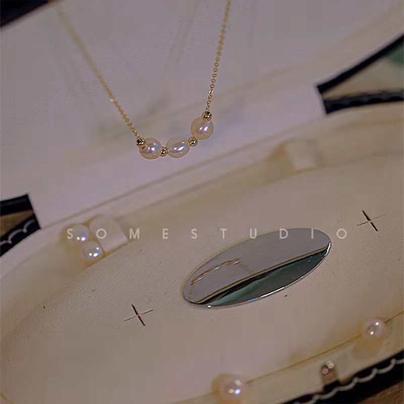 Kalung Rantai Klavikula Hias Manik-Manik Mutiara Warna Silver Emas Untuk Wanita