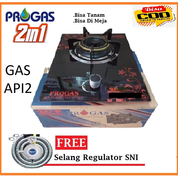 Kompor Gas Progas 1 Tungku Kaca GasGas Free Selang Gas Paket Regulator 1.8 meter-new