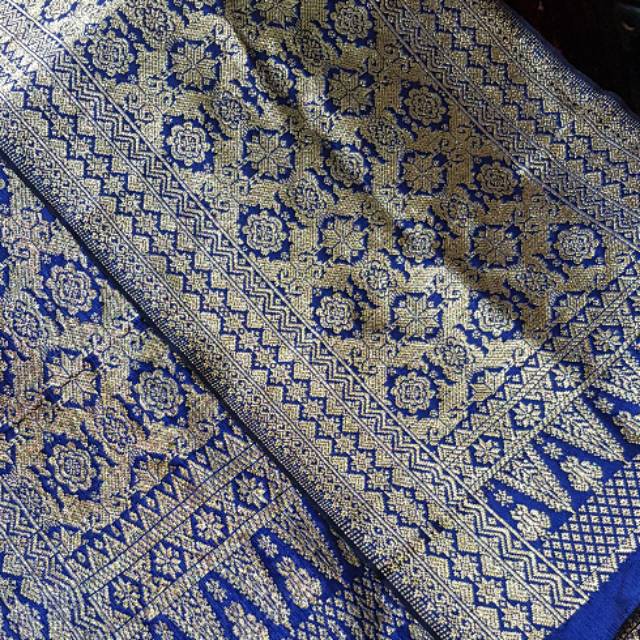 Songket Palembang asli lepus Biru Elektrik kristal gold