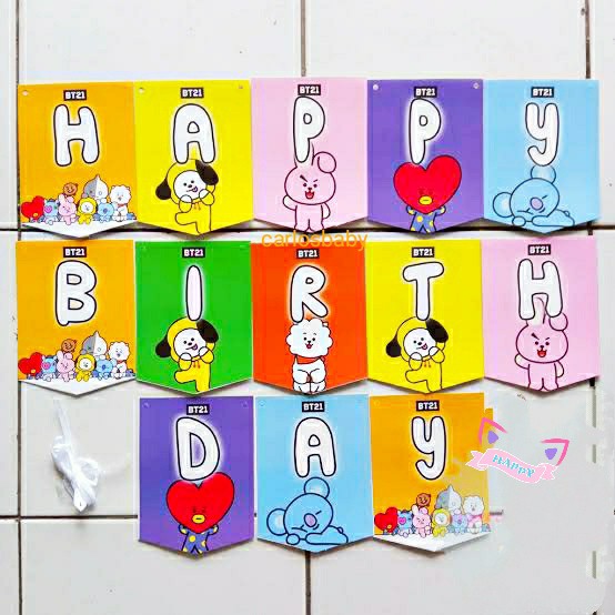 BANNER HAPPY BIRTHDAY KARAKTER KOREA BT21 KEREN KEKINIAN WARNA WARNI CANTIK 1 SET