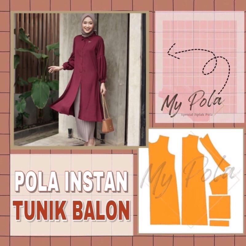 [COD] Pola Tunik Panjang Lengan Balon Dewasa Size S-XXL - Pola ini kami desain simple mudah dipahami