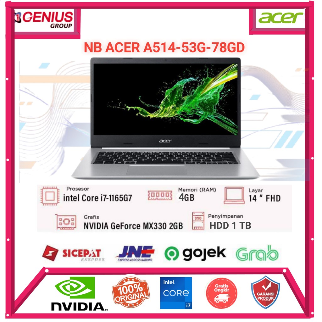 NB ACER A514-53G-78GD (i7-1065G7 1,50Ghz/4GB/HDD 1 TB/Nvidia Geforce MX 350 2GB/DOS/14 Inci-FHD)