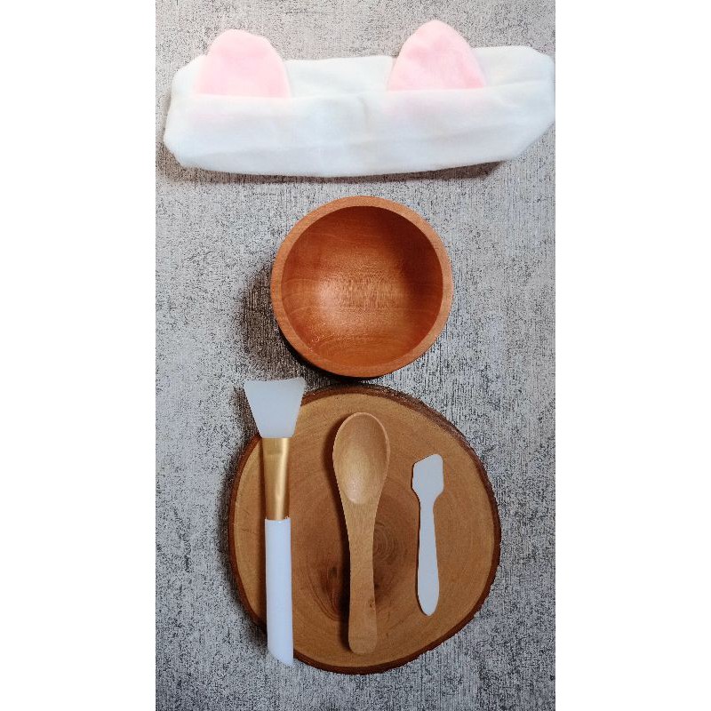Set Aesthetic Mangkok Kayu Untuk Masker Kuas Silicone Spatula Bandana