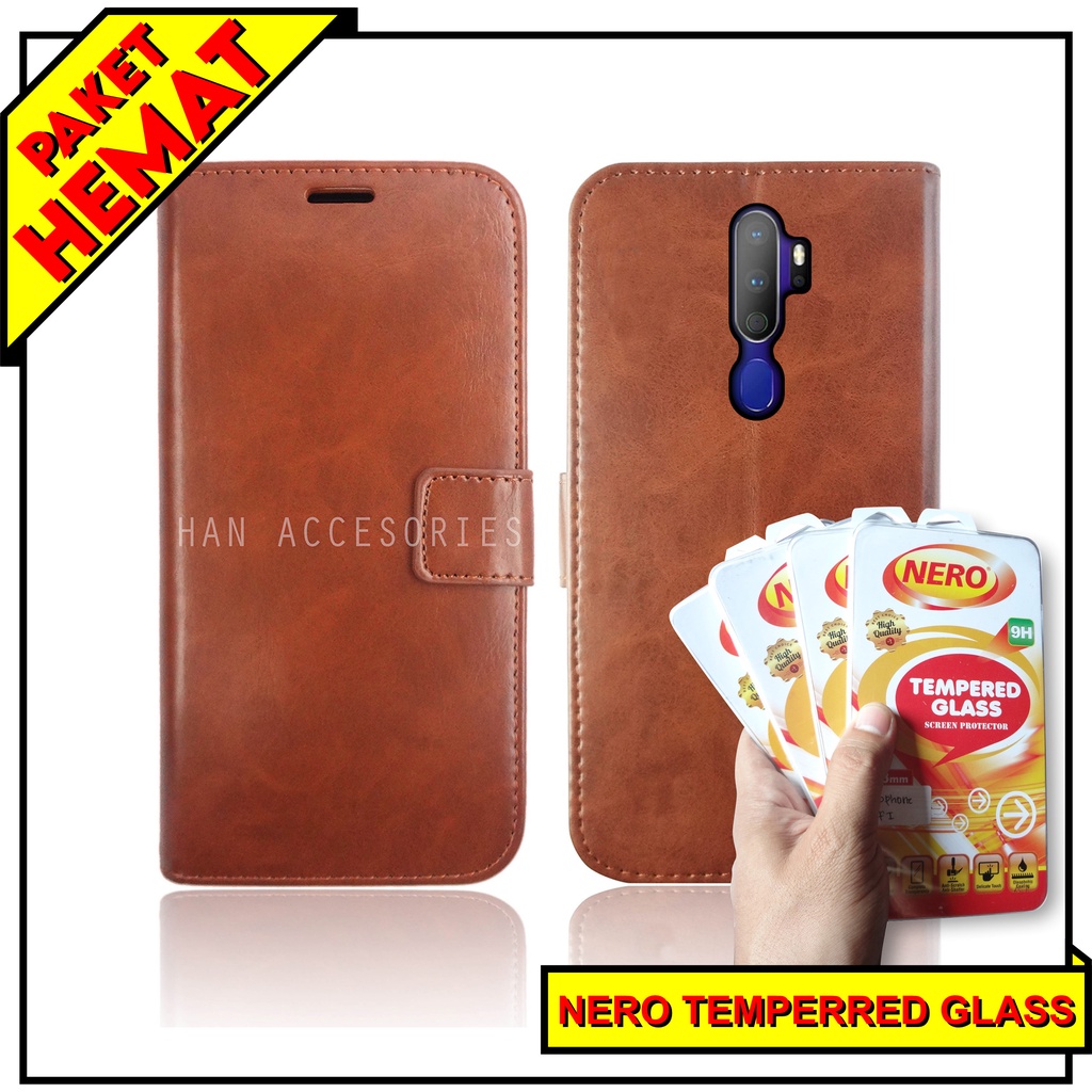 (PAKET HEMAT) Fashion Selular Flip Leather Case OPPO A5 2020 / A9 2020 Flip Cover Wallet Case Flip Case + Nero Temperred Glass