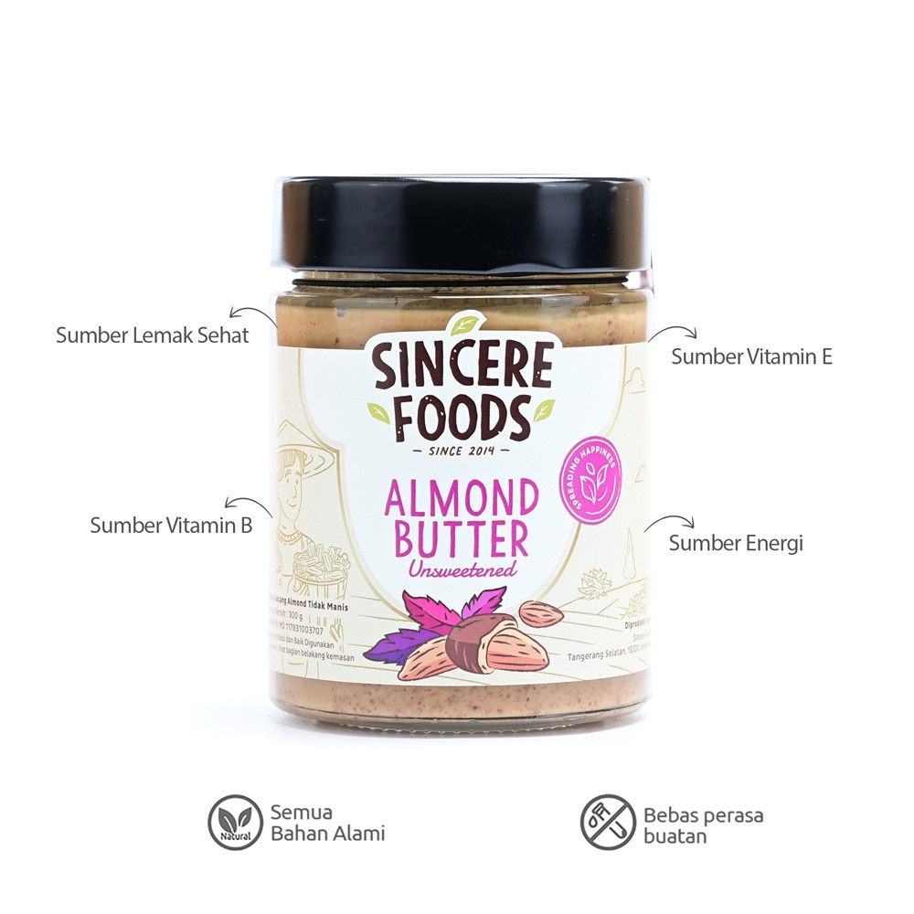 Sincere Foods Almond Butter Unsweetened Organic Selai Kacang Almond Tanpa Gula 300gr